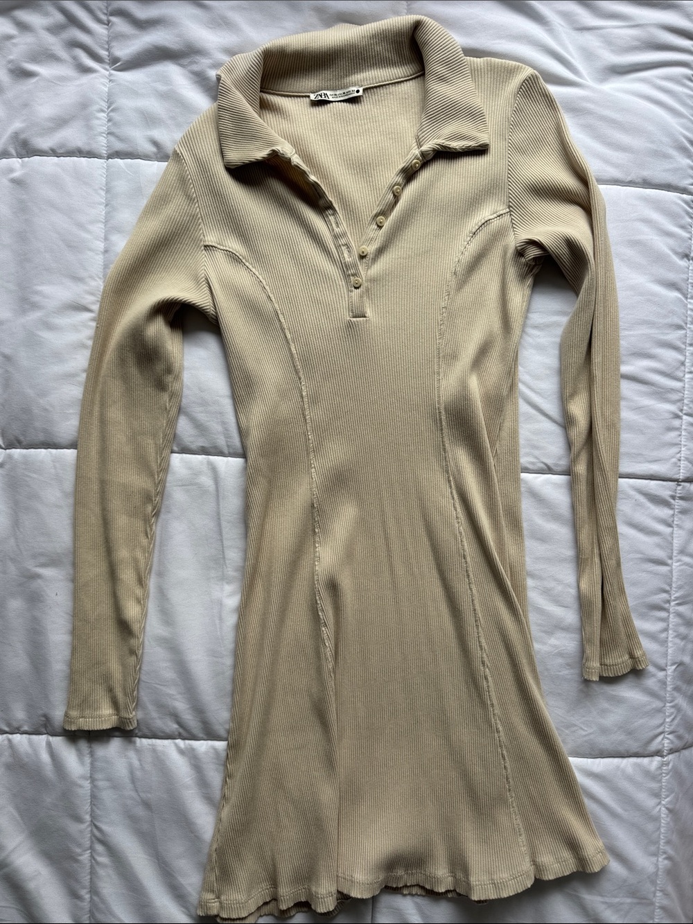 Zara Cream Ribbed Long-Sleeve Polo Dress